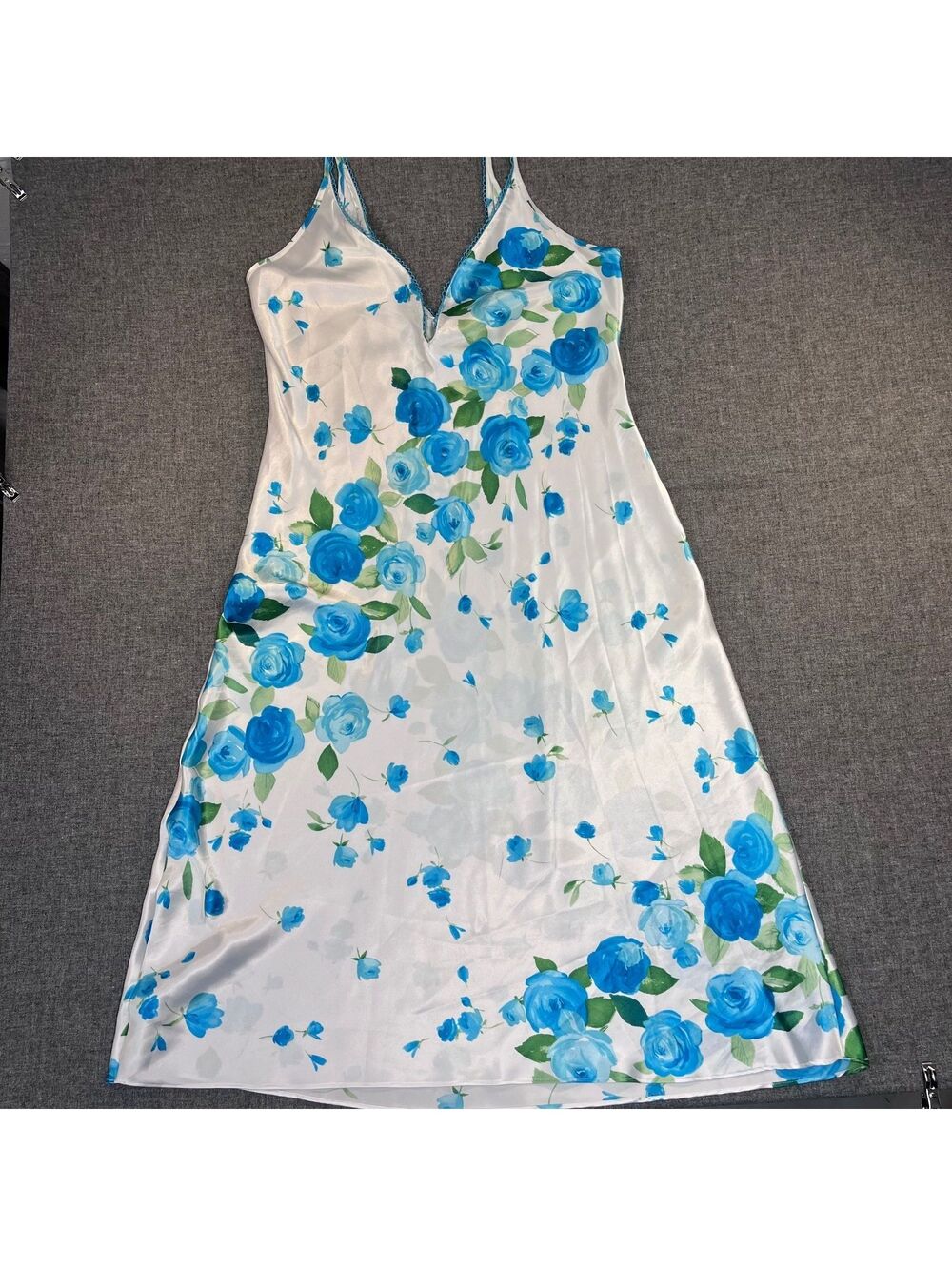 Vintage Nightgown White Satin with Blue Flowers, Medium California Dynasty